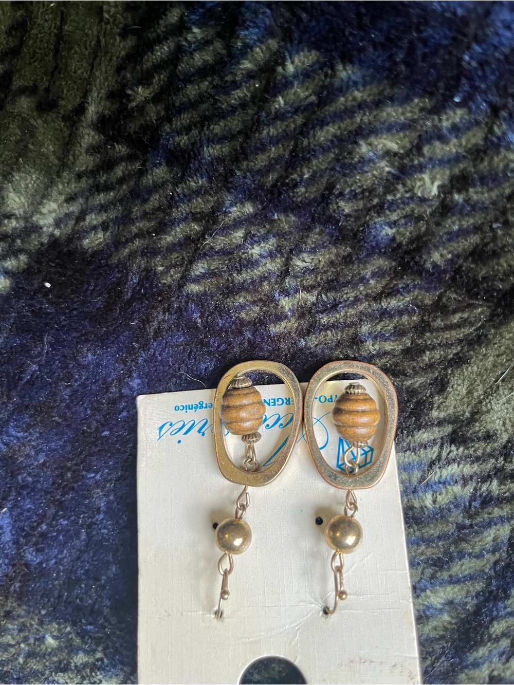 Gold Tone Oval Drop Earrings with Wooden Bead Accent